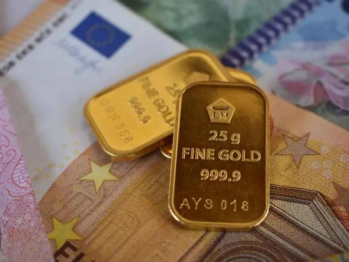 Two gold bars resting on banknotes